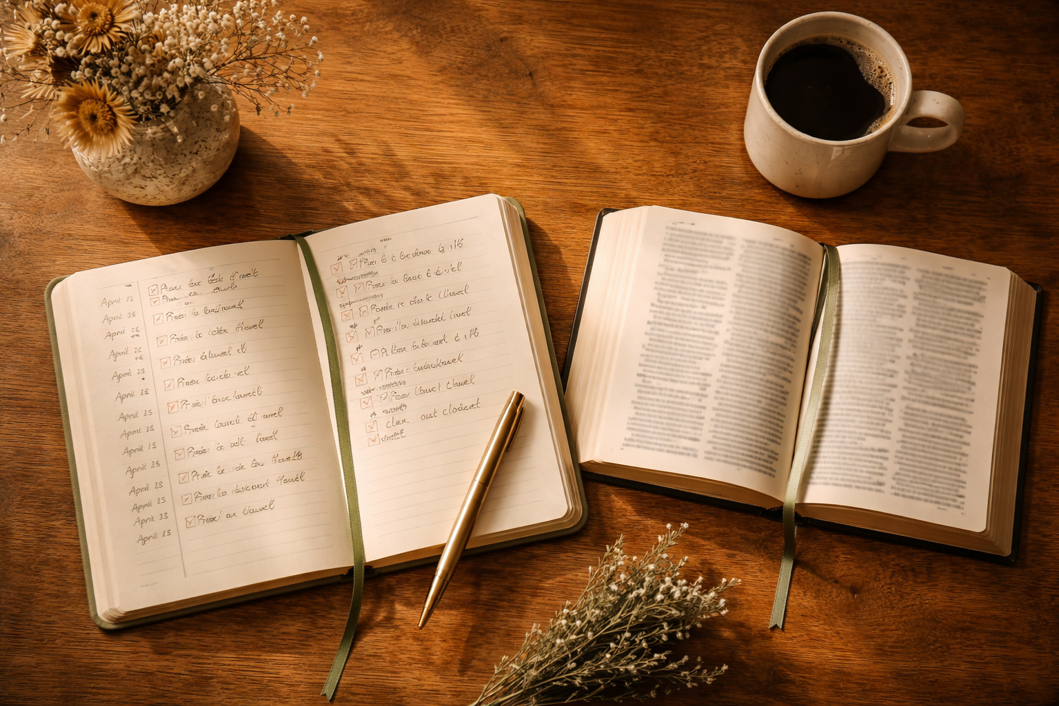 Diário de desafios aberto ao lado de uma Bíblia, representando os 21 dias de prática