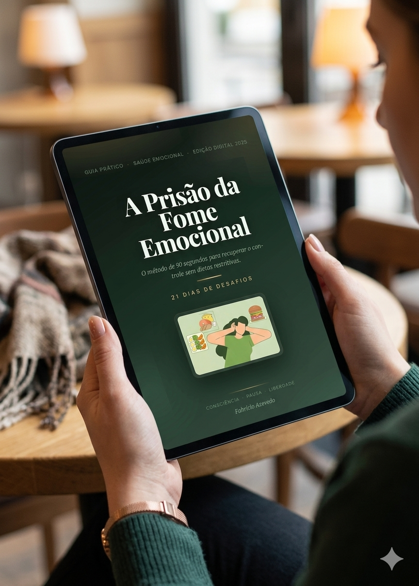 Mulher segurando tablet com o guia A Prisão da Fome Emocional