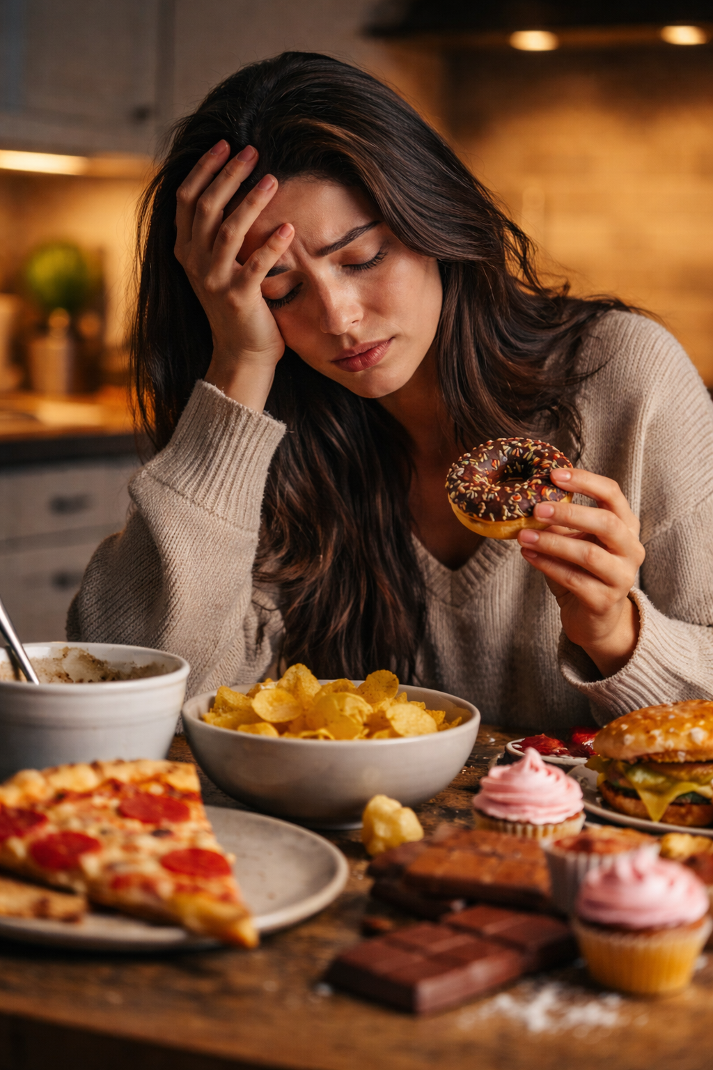 Mulher angustiada cercada de comida, representando fome emocional